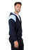 A men's hoodie featuring a navy blue base with light blue contrast detailing and a hood. It has a logo on the front.