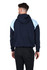 A navy blue hoodie with light blue contrast panels and a kangaroo pocket, featuring a hood, with a logo.