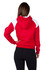 A red hoodie with white contrast on the shoulders and a hood, featuring a logo. Ideal for casual wear.