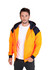 Orange and navy contrast zippered hoodie with a hood and pouch pockets, featuring a logo on the side.
