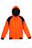 A bright orange hoodie with black contrast sleeves and a zipper, featuring a hood and a logo.
