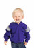 A smiling child in a purple hoodie with grey contrast panels and denim jeans, walking towards the camera.