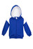 A blue hoodie with white contrast panels and a zipper, featuring a hood and front pockets.