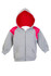 A grey hoodie with pink contrast panels and a red-lined hood, featuring a zipper and front pockets.