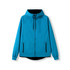 A blue men's hoodie with a black lining, featuring a zip closure and two side pockets. It has a logo on it.