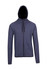 A hooded jumper in navy blue with a zip front and black lining, featuring a logo. Ideal for cooler weather.