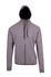 A grey hoodie made from soft cotton and bonded polar fleece, featuring a black-lined hood and zippers.