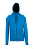 A blue soft cotton bonded polar fleece hoodie with a black interior and zippers. It features a logo on the chest.