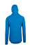 A blue polar fleece hoodie with a hood and long sleeves, featuring a simple design and a logo on the back.