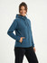 A grey women's junior hoodie with a bonded polar fleece lining, featuring a hood and a logo.