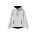 A grey women's junior hoodie made of soft cotton and bonded polar fleece, featuring a zip and pockets, with a black hood interior.