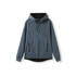 A navy hoodie featuring a zip-up front, hood, and side pockets, with a contrasting black inner lining.