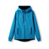 A vibrant blue women's junior hoodie made of soft cotton and bonded polar fleece, featuring a black hood and zippered pockets.