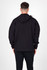 A black men's hoodie with a hood and a relaxed fit, featuring a logo on the back.