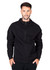 A black hoodie with a front zip and a hood, featuring a logo on one side. The model is wearing it.