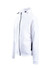 A white men's hoodie with a zip front, featuring a hood and side pockets. It has a logo on the side.