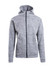 A grey men's hoodie featuring a zip front and a hood. The fabric has a textured appearance and includes a logo.