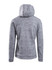 A grey hoodie with a spacious hood and textured fabric, featuring a logo on the back.