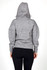 A grey women's juniors' hoodie featuring a drawstring hood and a fitted design, viewed from the back.
