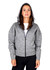 A women's grey hoodie features a zip front, hood, and side pockets, with a casual fit and branding on the chest.