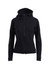 A black women's/juniors’ hoodie with a zip front and a hood, featuring a logo detail.