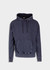 A men's stone wash fleece hoodie in dark navy, featuring a front pocket and a logo on the design.