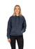 A woman wearing a navy stone wash fleece hoodie with a kangaroo pocket and drawstring hood.
