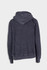 A grey stone wash fleece hoodie with a hood and a logo on the back.