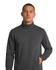 A men's half zip fleece jumper in dark grey, featuring a collar and side pockets. Includes a logo on the chest.