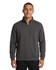 A navy blue men's half zip fleece jumper displayed on a model, featuring a zippered neck and side pockets.