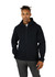 A black zip-up men's hoodie with a hood and side pockets, worn by a model.