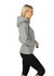 A grey women's junior hoodie with a hood, paired with black leggings, displayed on a model from the side.