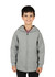 A grey hoodie featuring a front zip and a hood, worn by a smiling young person. The garment has a logo.