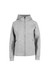 A grey women's/junior hoodie with a zip front and a hood. It has a logo on it.