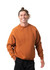 A brown cotton sweatshirt with raglan sleeves, worn by a smiling man. The design features a logo on the front.