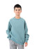 A boy wears a light blue cotton sweatshirt, featuring a relaxed fit and a simple design, paired with grey trousers.