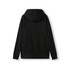 A black men's cotton hoodie with a kangaroo pocket and a hood, featuring a plain design and a logo.
