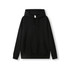 A black kangaroo hoodie with a front pocket and an adjustable hood, made from cotton.