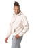 A men's cotton care kangaroo hoodie in a light beige colour, featuring a front pocket and a logo.