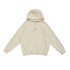 A beige kangaroo hoodie with a front pocket, drawstring hood, and long sleeves, featuring a logo.