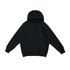 A black cotton hoodie featuring a kangaroo pocket and a hood, with a logo on the front.