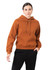 A brown cotton hoodie with a kangaroo pocket and drawstring hood, featured with a model wearing black pants.