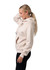 A light beige women's cotton zippered hoodie with a kangaroo pocket, featuring a hood and a logo.