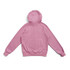 A pink women's junior cotton hoodie with a kangaroo pocket and a hood, featuring a logo.