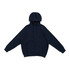 A navy blue men's cotton hoodie with a kangaroo pocket and a zipper, featuring a logo on it.