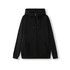 A black men's cotton hoodie with a kangaroo pocket and a zipper, featuring a logo on the front.