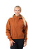 A woman wearing a rust-coloured half-zip jumper with a hood, featuring a slight relaxed fit and long sleeves.