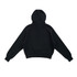 A black cotton half-zip jumper for women/girls, featuring a hood and a relaxed fit. It has a logo on it.