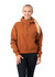 A woman wearing an orange-brown half-zip jumper with a hood, posing against a white background.