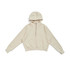 A beige half-zip jumper with a hood, featuring long sleeves and a cropped design. It has a logo on the front.